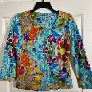 Simply Art by Dolcezza round neck zip front jacket, bold, vibrant, no size tag
